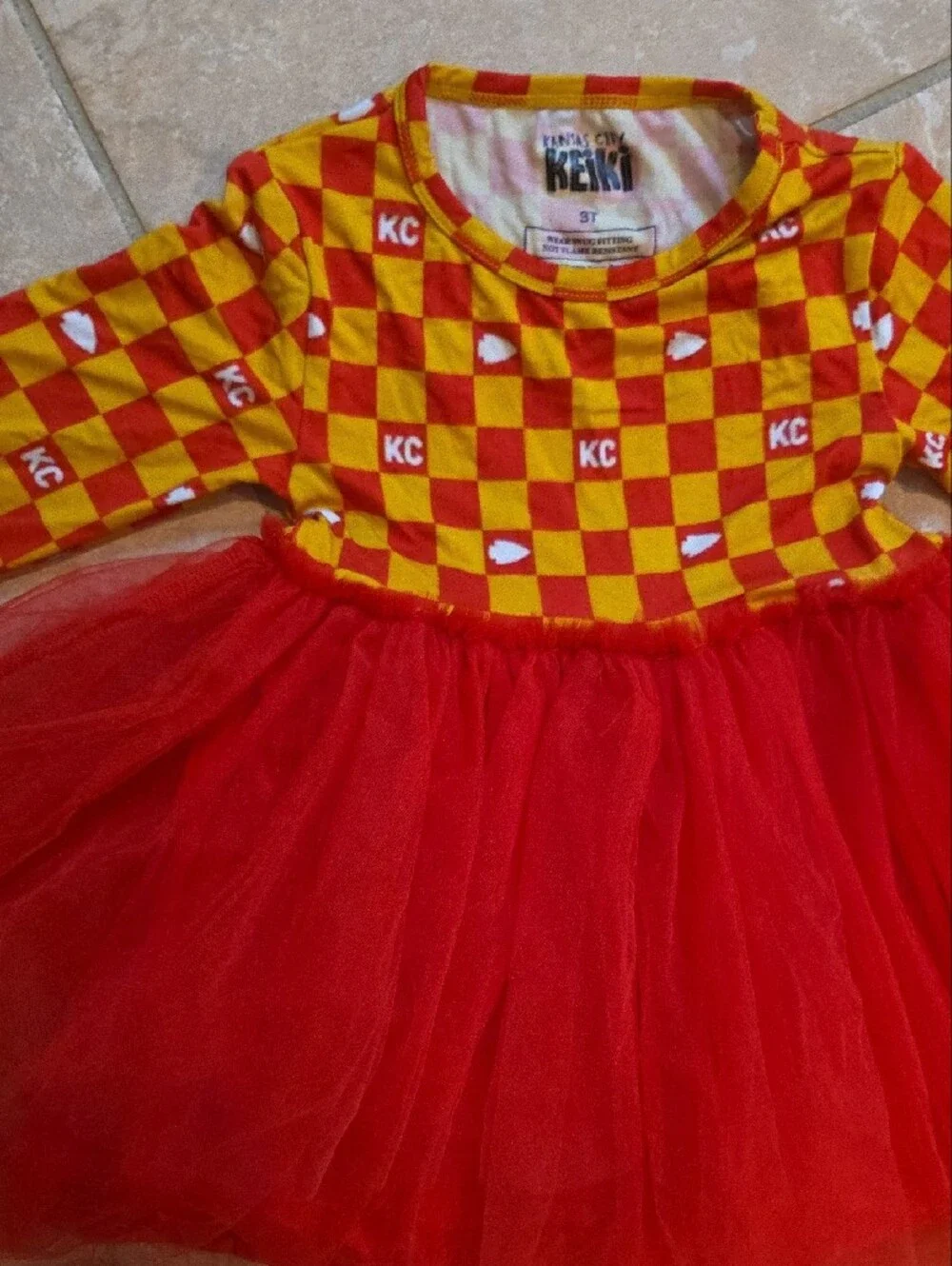 Kansas City Keiki Chiefs Checkerboard Red & Yellow Tulle Dress 3T